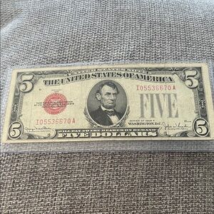 Vintage 1928 Red Seal Five Dollar Bill